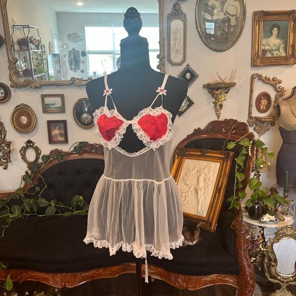 Other Dresses & Skirts - Vintage lacy lingerie babydoll dress with red heart bust sexy maid